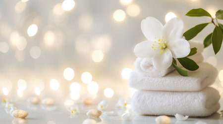 Spa still life with white towels and flowers on bokeh backgroundの素材