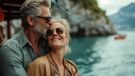 Portrait of a happy mature couple in sunglasses on the background of the sea.の素材