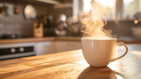 Coffee cup on the wooden table in the kitchen at morningの素材