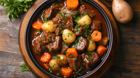 Delicious beef stew with vegetables in bowl on wooden table, closeupの素材