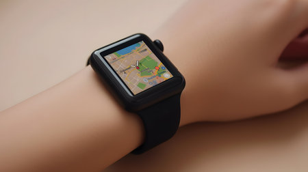 Woman using a smart watch with a map on the screen, close upの素材