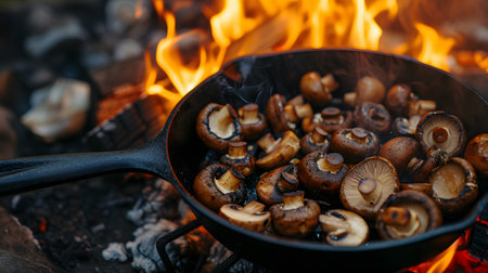 Mushrooms in a frying pan on the background of a fireの素材