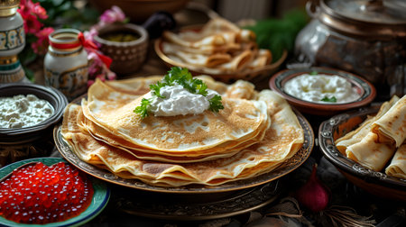 Thin pancakes with sour cream and red caviar. Rustic styleの素材