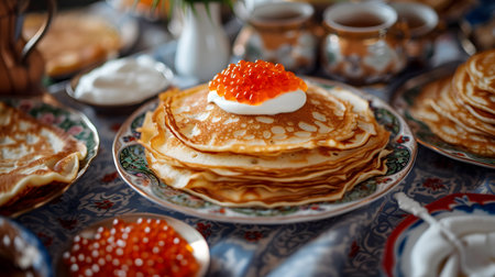 Pancakes with red caviar and sour cream on the tableの素材