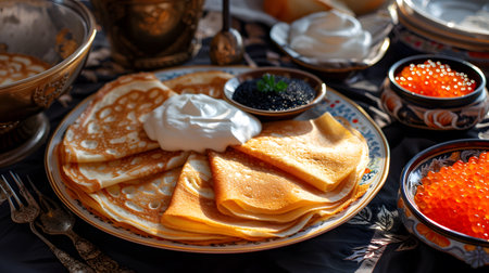 Pancakes with red and black caviar on a plate.の素材