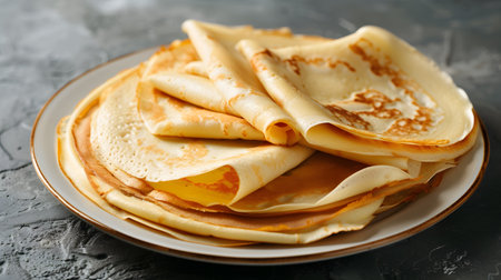 Plate with tasty pancakes on gray textured background, closeupの素材
