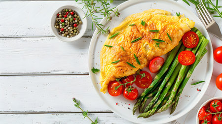 Omelet with asparagus and tomatoes on a white wooden backgroundの素材