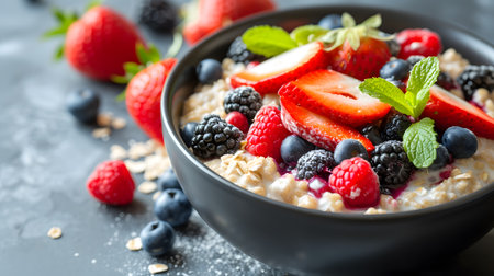 Oatmeal with fresh berries in a bowl on the table. Healthy breakfast.の素材