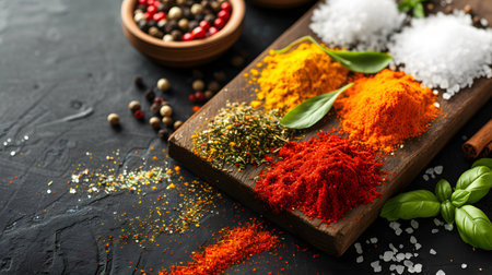 Various spices and herbs on black background. Food and cuisine ingredients.の素材