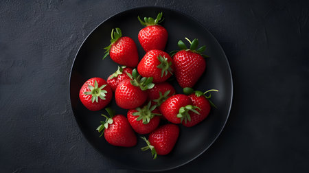 Strawberries in a black plate on a dark background, top viewの素材
