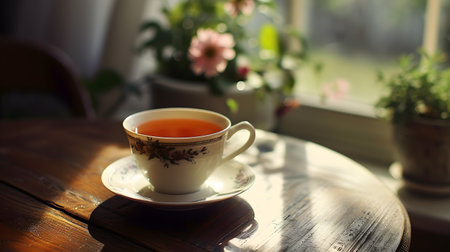 A cup of tea on a wooden table with flowers in the backgroundの素材