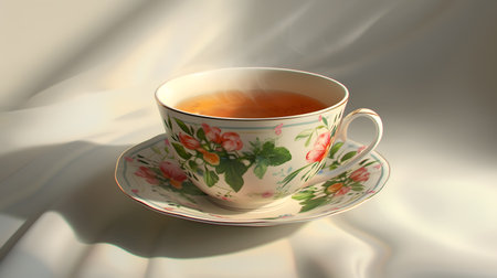 Cup of tea on the background of the curtain. 3d illustrationの素材