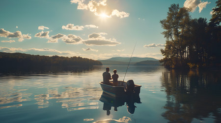 Fisherman fishing in a boat on a lake at sunset.の素材
