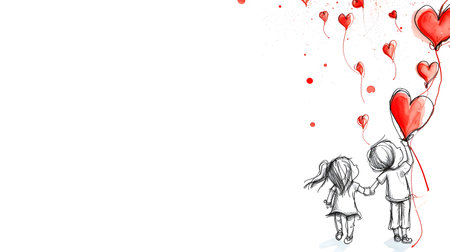 Valentine's day background with little girl and heart-shaped balloonsの素材