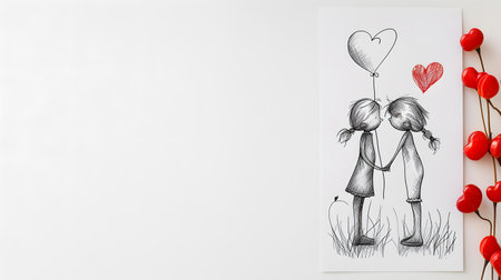 top view of boy and girl with hearts on white background with copy spaceの素材