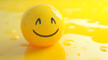 smiley ball with water drops on yellow background. 3d illustrationの素材