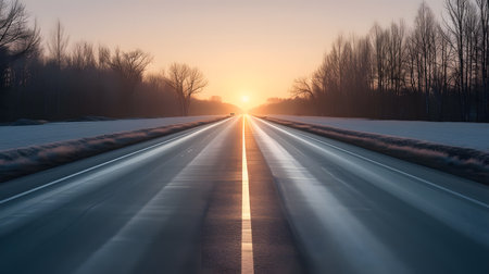 Sunset on a winter highway. Long exposure.の素材