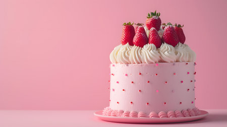 Birthday cake with cream and strawberries on pink background, copy spaceの素材