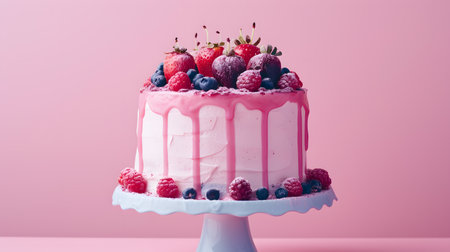 Birthday cake with raspberries and blueberries on pink backgroundの素材