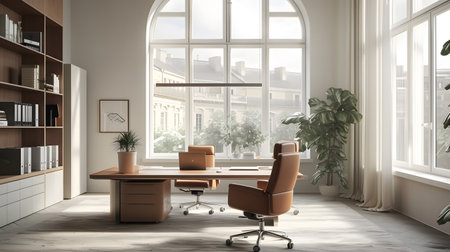 Office interior with panoramic window. Workplace concept. 3D Renderingの素材