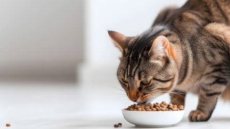 Cute tabby cat eating dry food from bowl on light backgroundの素材