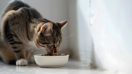 Cute tabby cat eating food from a bowl at home.の素材