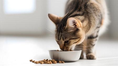 Tabby cat eating food from bowl on blurred background, closeupの素材