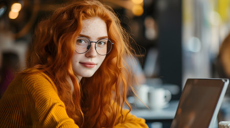 Portrait of a red-haired girl in glasses with a laptop in a cafe.の素材