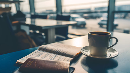 Coffee cup and book on table in coffee shop - Vintage filterの素材