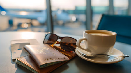 Coffee cup with passport and sunglasses on table in airport.の素材