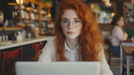 Portrait of a young red-haired woman in a cafe with a laptop.の素材