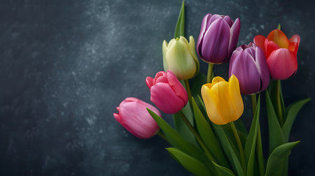 Bouquet of colorful tulips on dark background with copy spaceの素材