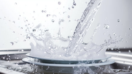 Water splashing out of a plate on the kitchen sink. Shallow depth of fieldの素材