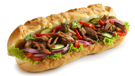 Sandwich with beef and vegetables on a white background. Side viewの素材
