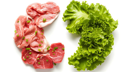 Raw pork meat with green lettuce isolated on white background. Top view.の素材