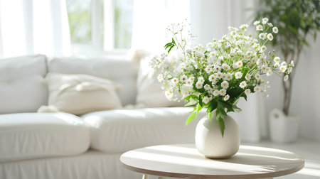 Vase with beautiful flowers on table in living room. Interior designの素材