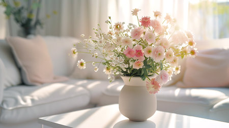 Bouquet of beautiful flowers in vase on table in living roomの素材