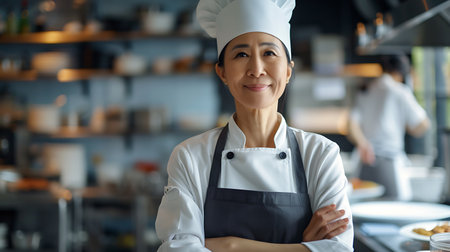happy asian female chef with crossed arms looking at camera in kitchenの素材