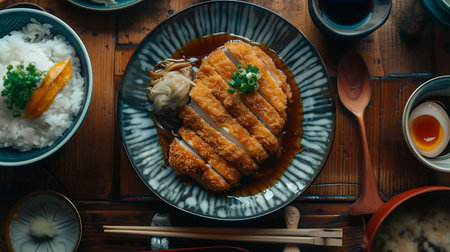 Japanese food, Tonkatsu pork cutlet with rice on wooden tableの素材