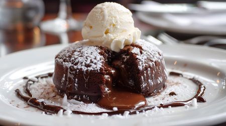 Chocolate Souffle with ice cream and chocolate syrup on topの素材