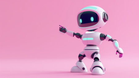 3d rendering of a cute robot pointing at something on a pink backgroundの素材