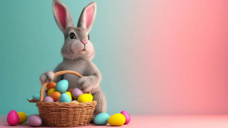 Easter bunny with basket full of colorful eggs. 3D Renderingの素材