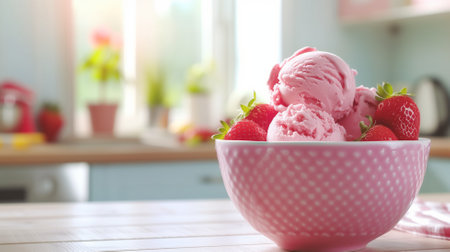 Delicious strawberry ice cream in bowl on table in kitchen, closeupの素材