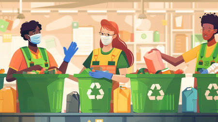 People in protective masks sorting garbage in recycling shop, flat vector illustration.の素材