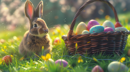 Easter bunny with basket of eggs on green grass. Easter backgroundの素材