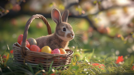 Easter bunny with basket of colorful eggs on green grass in gardenの素材