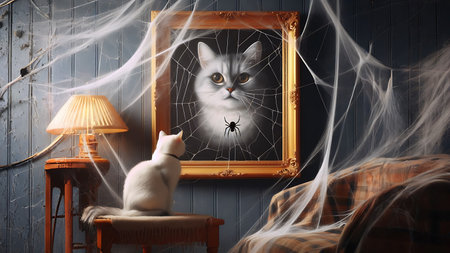 Halloween background with cat, spider and spider web on wooden wallの素材