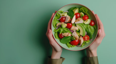 Female hands holding a bowl of fresh salad with chicken, tomatoes, cucumbers and onions on a green backgroundの素材