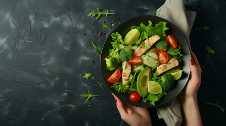 Female hands holding bowl with fresh salad on dark background, top viewの素材