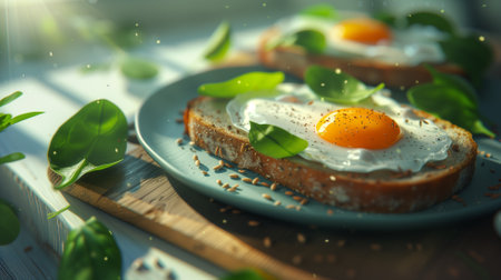 Healthy breakfast. Toast with fried eggs and spinach on wooden backgroundの素材